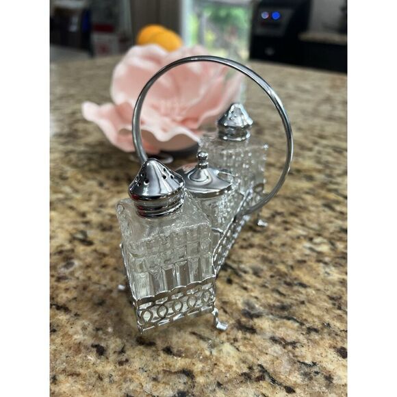 Vintage Salt & Pepper Shakers Mustard Caddy Cruet 4 Pc Silver Glass Elegant - Picture 3 of 15